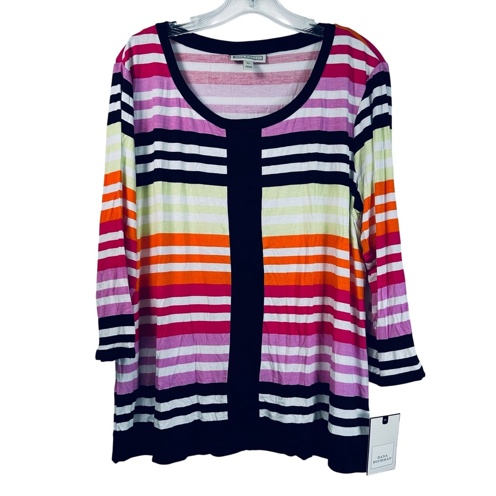Dana Buchman XL Striped Scoop Neck 3/4 Sleeve Top Multi Color Garden Bloom NEW